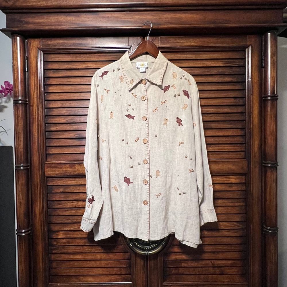Vintage Sandy Starkman Linen Blend Fish Shell Embroidered Button Shirt Beige XL